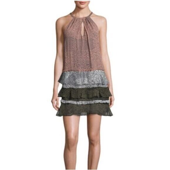 Ramy Brook Leomi Silk SZ L Animal Print Tiered Ruffle Lined Sleeveless Dress NEW - Picture 2 of 16